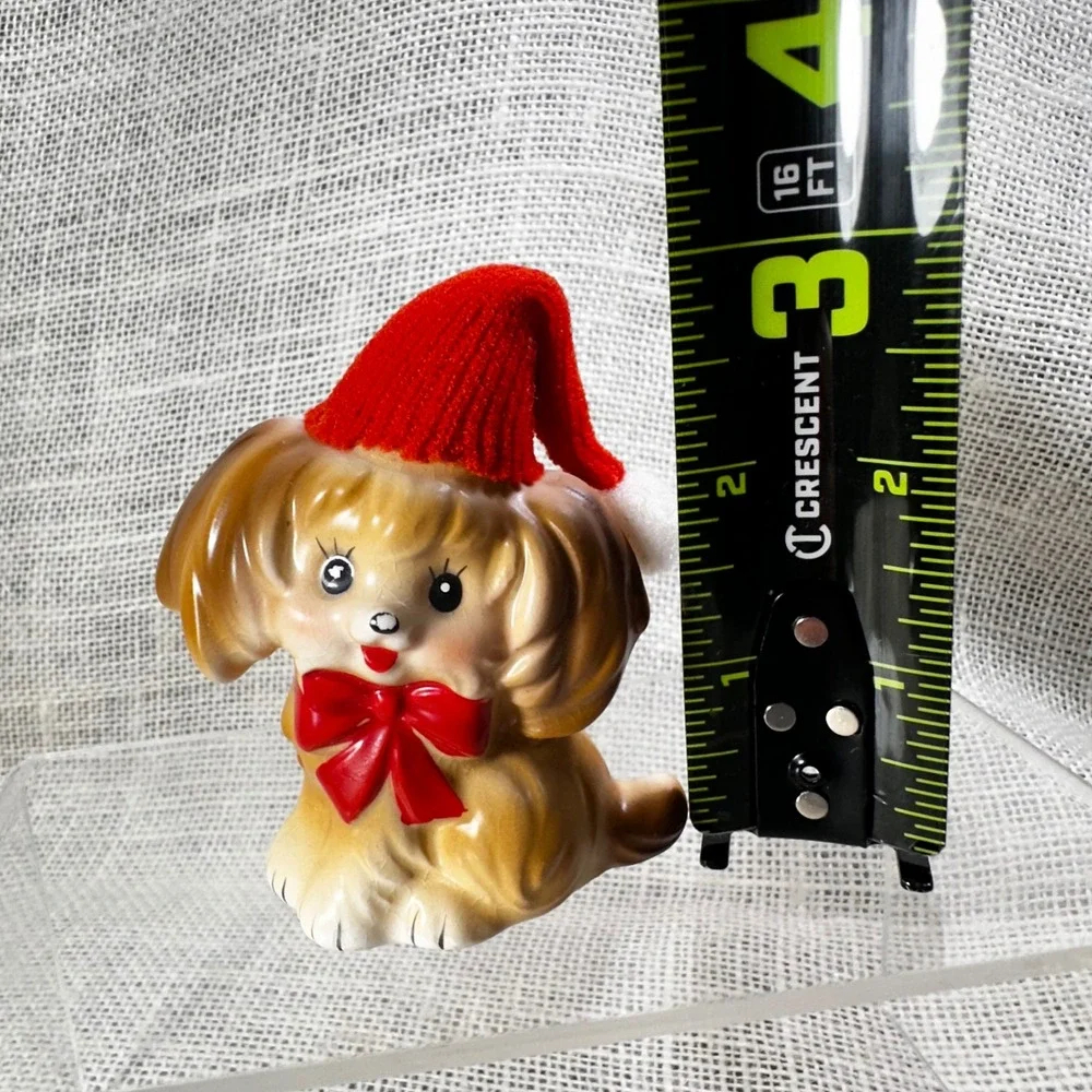 Christmas Dog Figurine Ceramic Santa Hat Red‎ Bow Japan Mid Century Kitsch Vtg